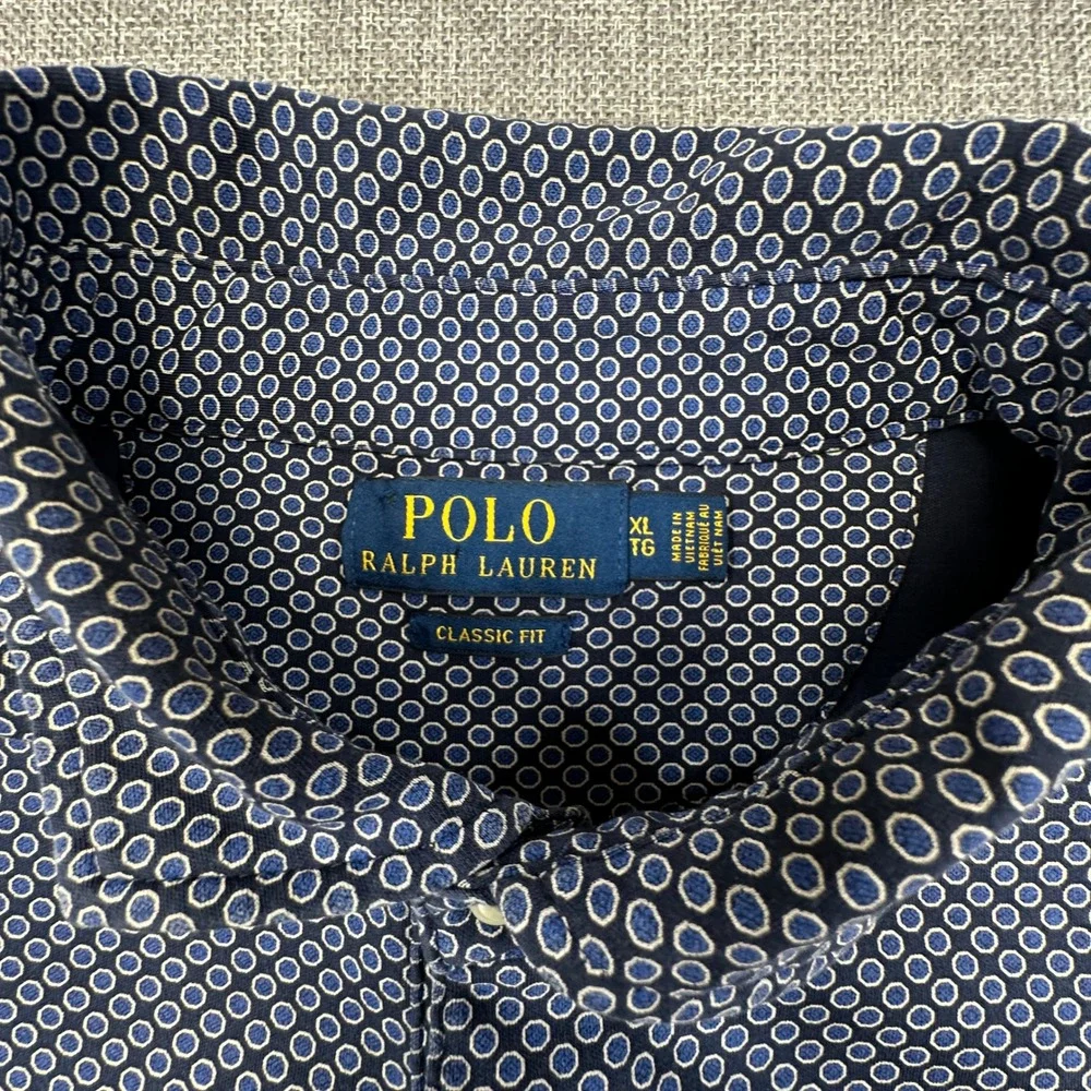Polo Ralph Lauren Polo Shirt Mens‎ XL Navy Blue Geometric Polka Dot Classic Fit